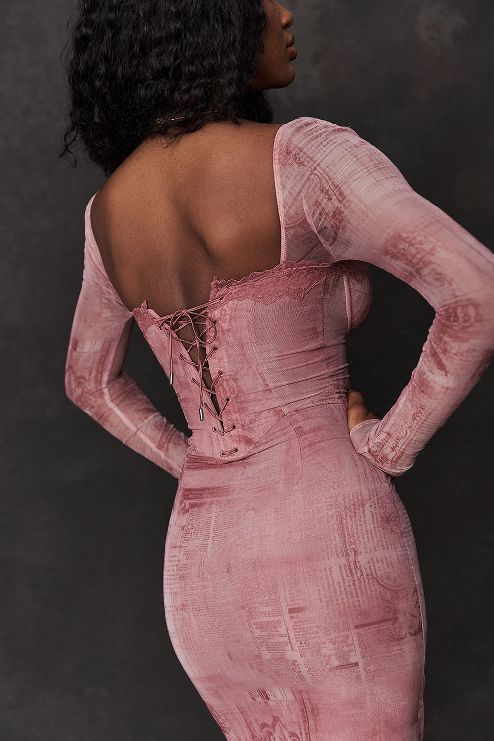 Square-Neck Long-Sleeve Corset Printed Bodycon Dress