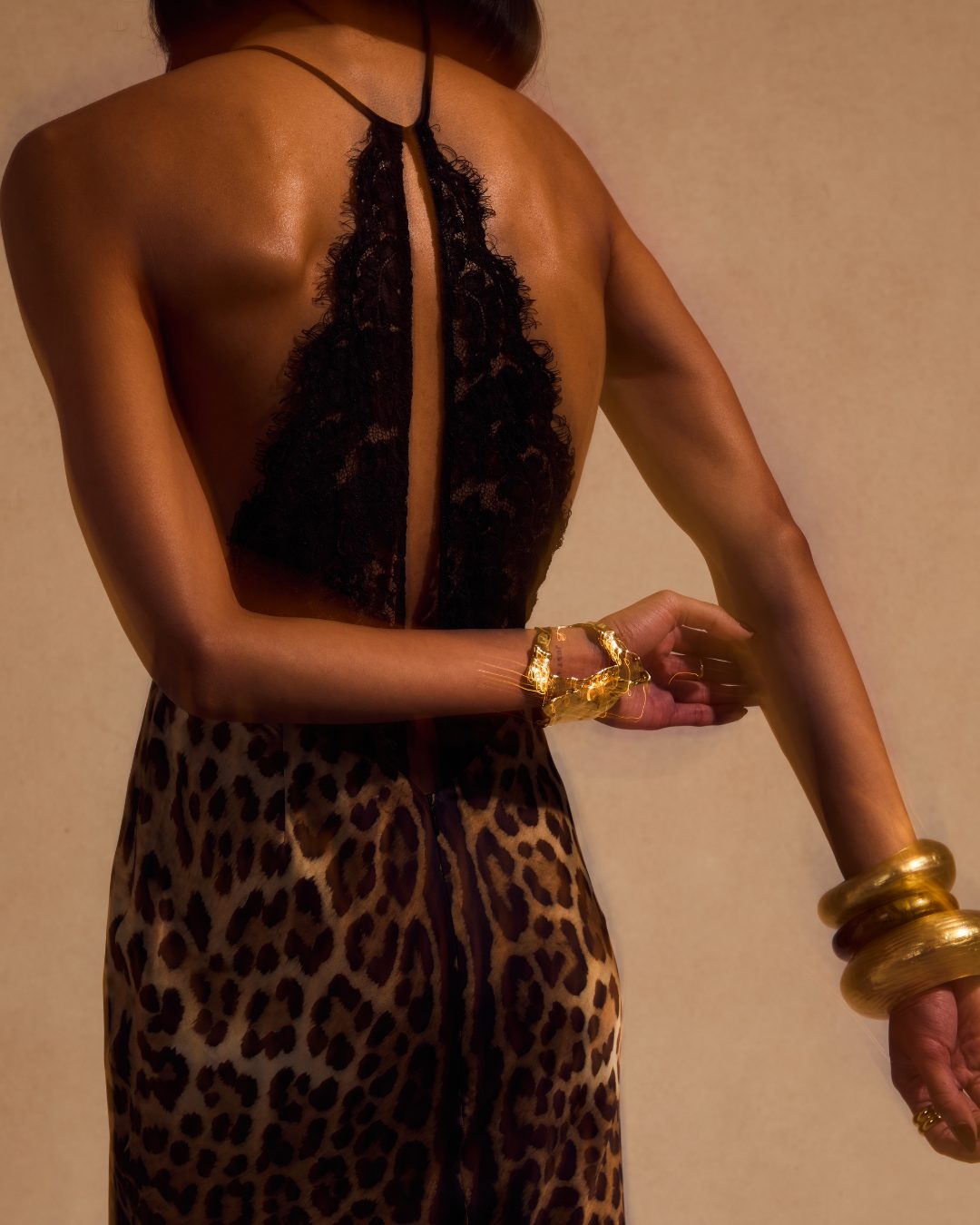 Halter Deep V-Neck Lace and Satin Leopard-Print Splicing Mermaid Dress
