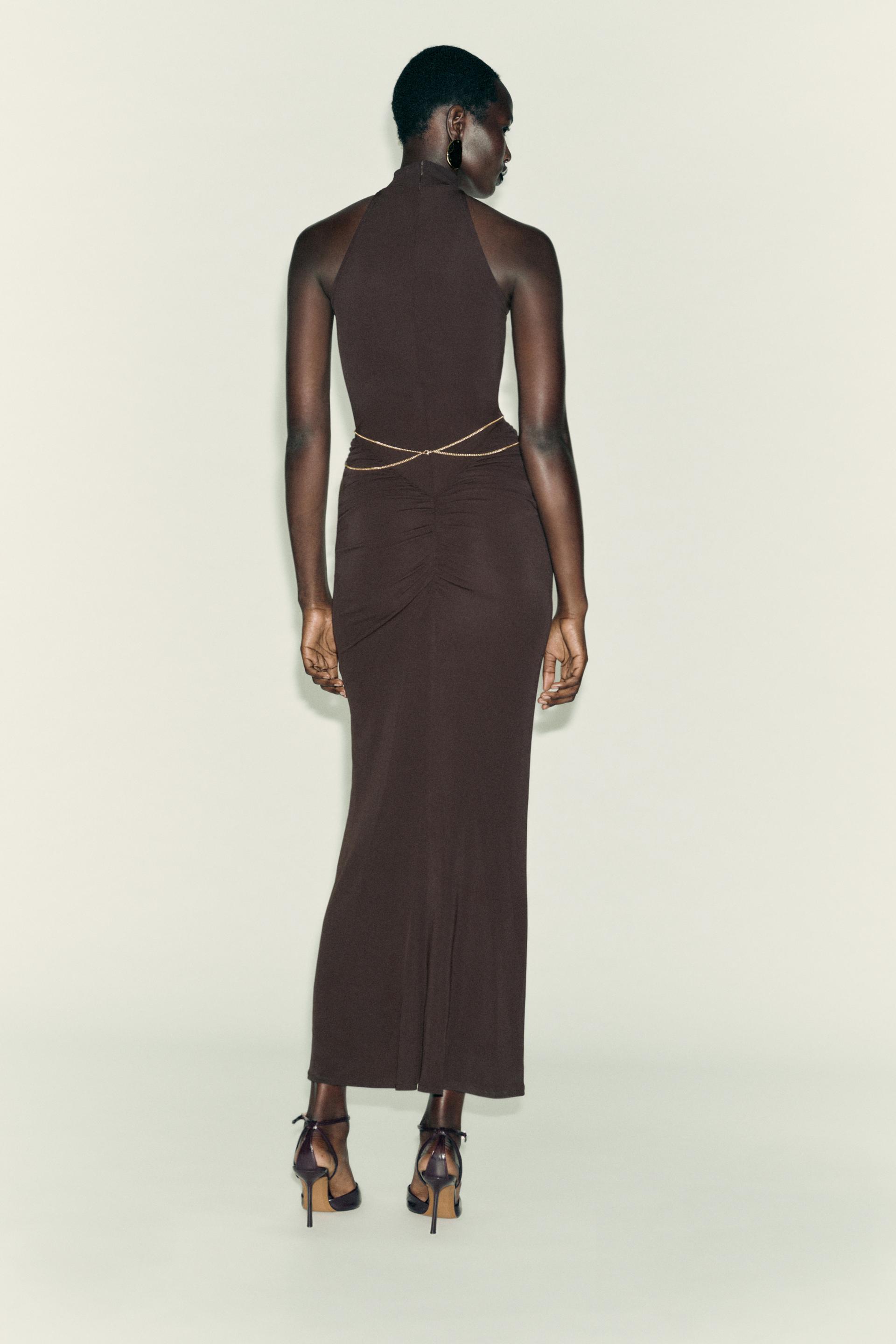 High-Neck Sleeveless Ruched Metal-Chain-Detail Bodycon Dress
