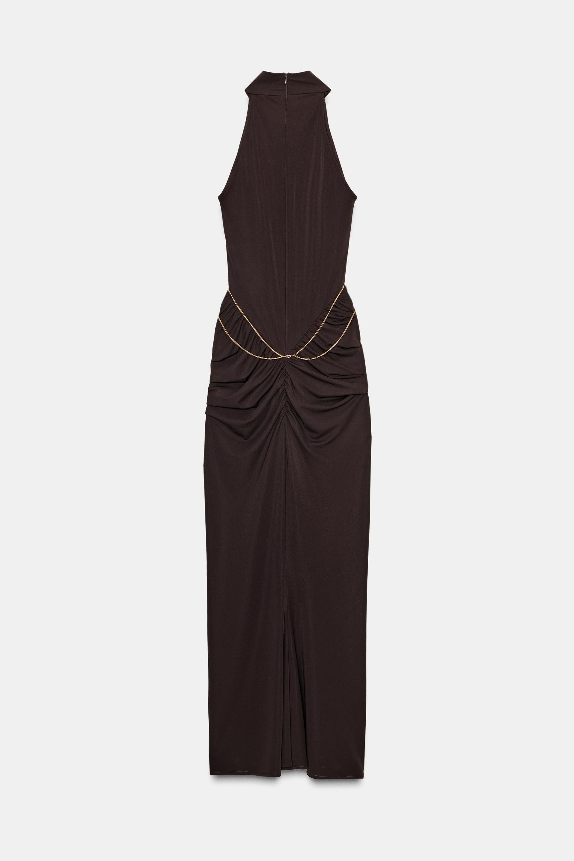 High-Neck Sleeveless Ruched Metal-Chain-Detail Bodycon Dress