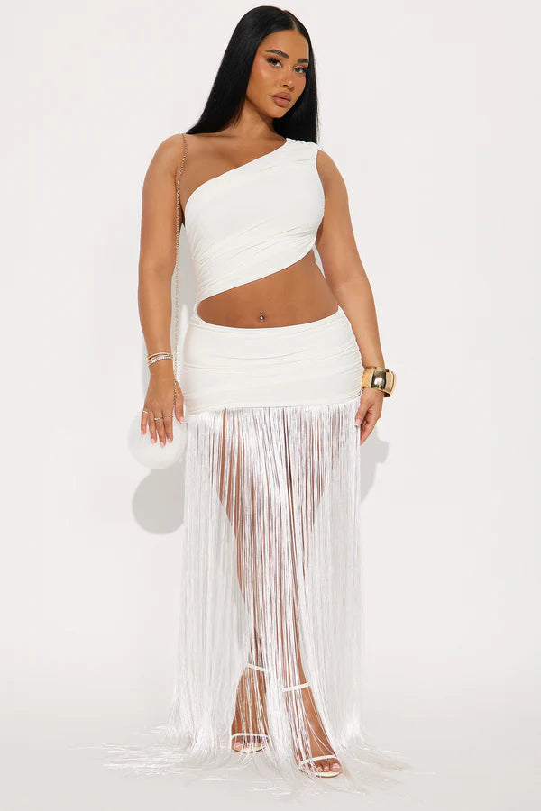 Asymmetric One-Shoulder Sleeveless Waist-Cutout Fringe-Panel Dress