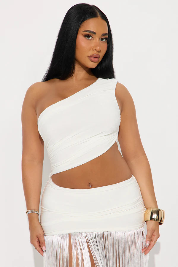Asymmetric One-Shoulder Sleeveless Waist-Cutout Fringe-Panel Dress