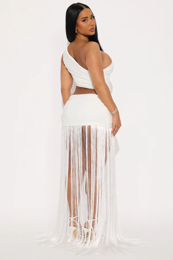 Asymmetric One-Shoulder Sleeveless Waist-Cutout Fringe-Panel Dress