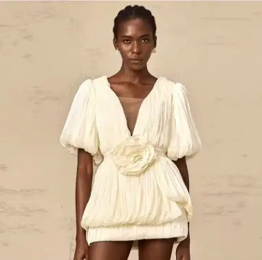 Mesh V-Neck Lantern-Sleeve Ruched Bubble Dress with 3D Floral Appliqué