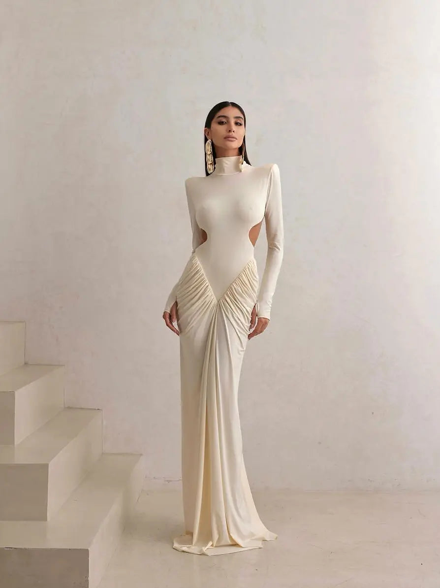 High-Neck Waist Cut-Out Ruched Maxi Dress
