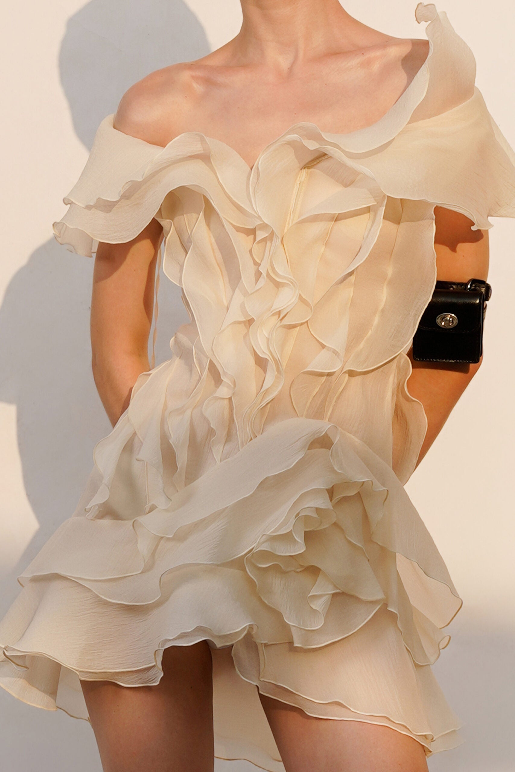 V-Neck Off-Shoulder Layered Ruffled Sleeveless Mini Dress