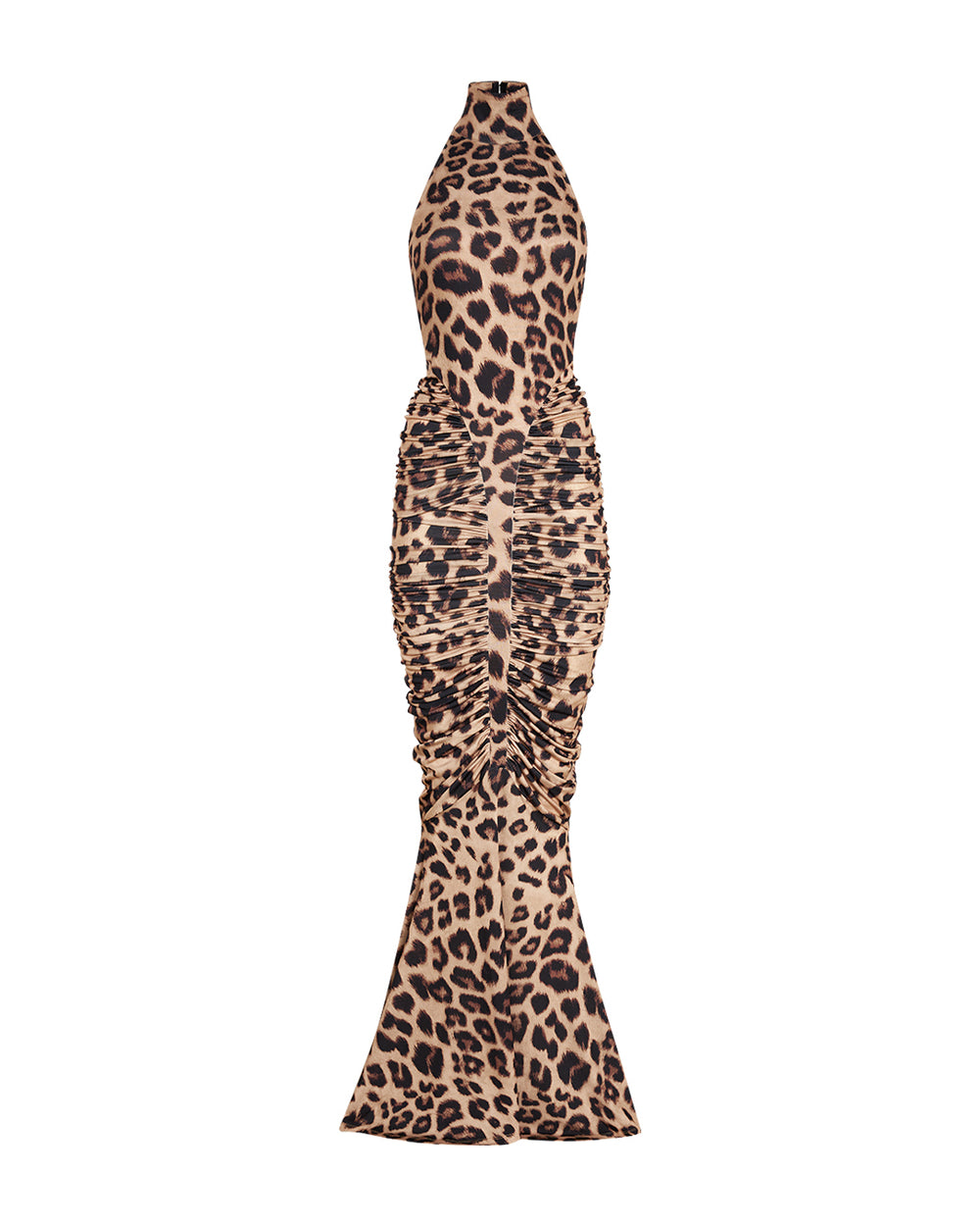 High-Neck Sleeveless Backless Ruched Leopard-Print Maxi Dress