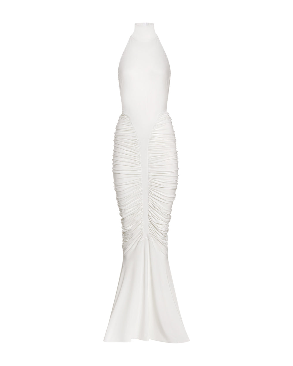 High-Neck Sleeveless Backless Ruched White Maxi Dress