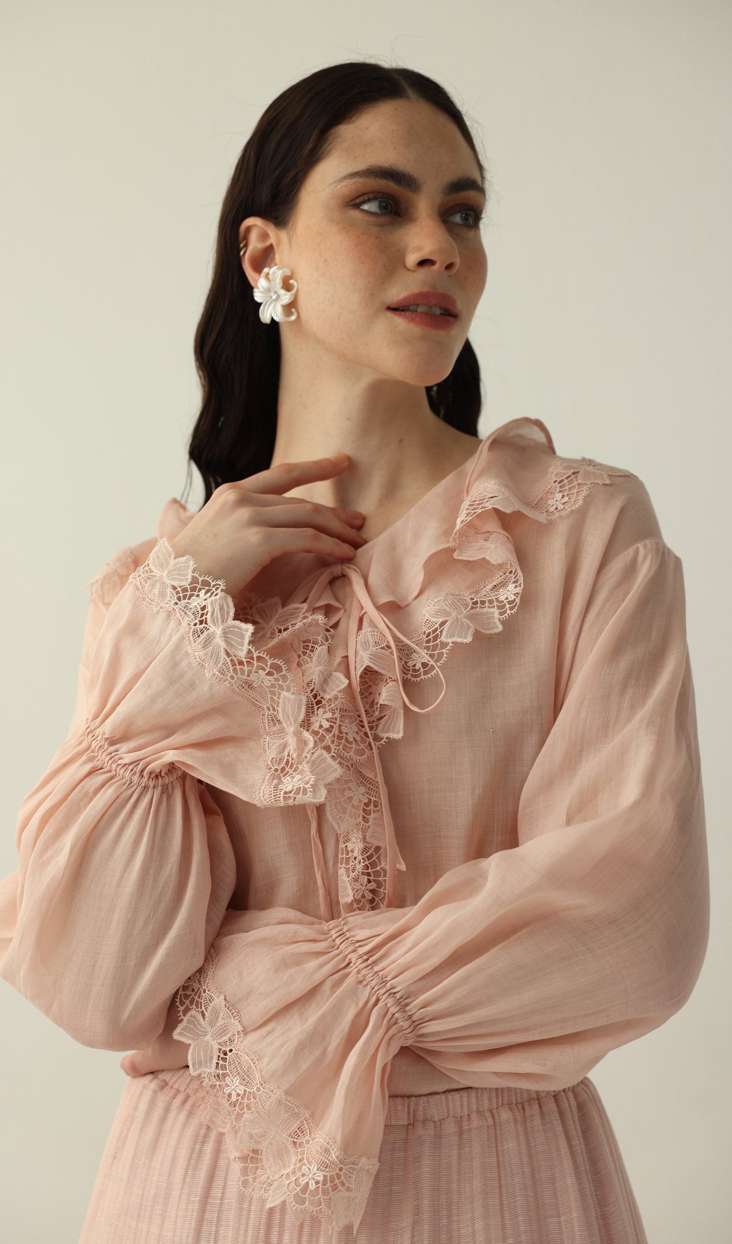 V Neck Lace Panel Ruffled Top