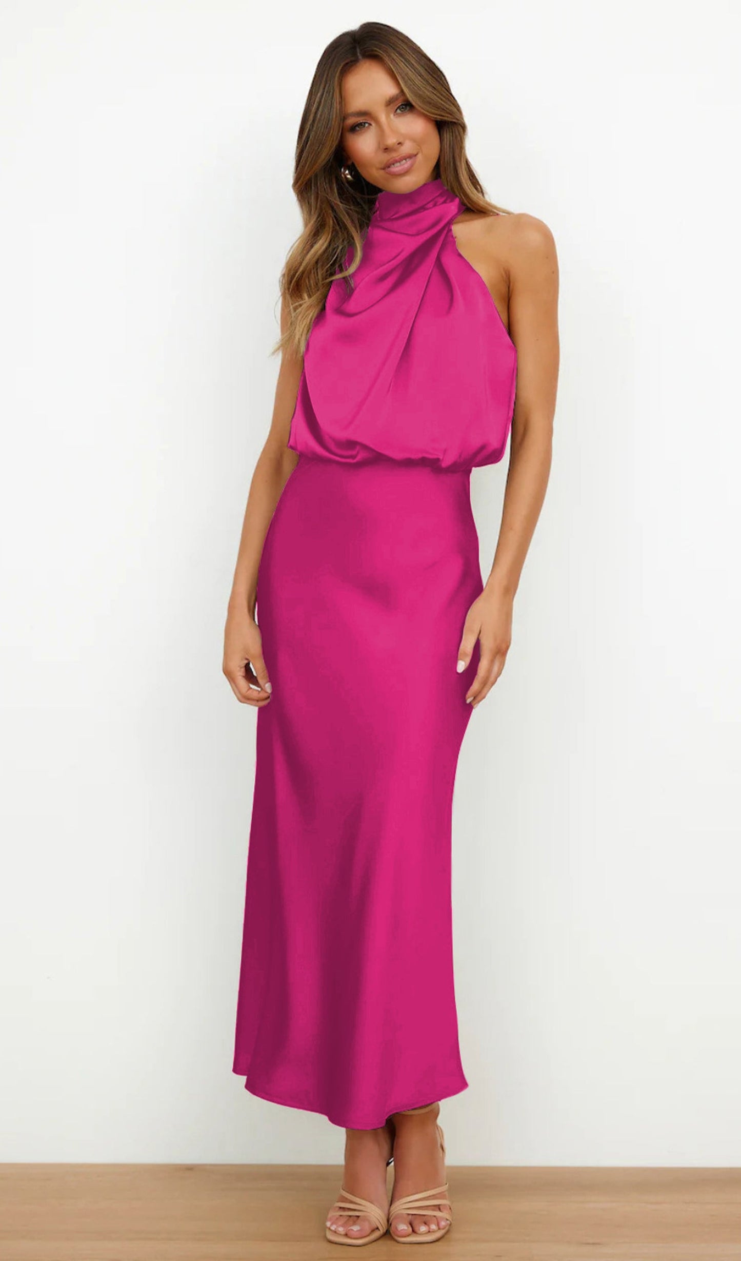 Asymmetric Satin Midi Dress Rose Red
