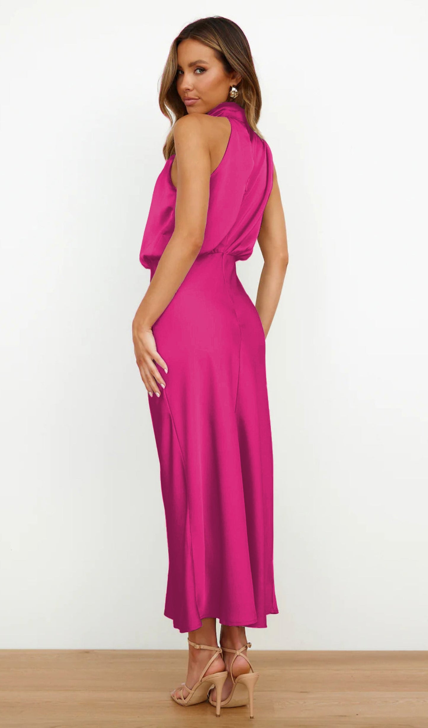 Asymmetric Satin Midi Dress Rose Red