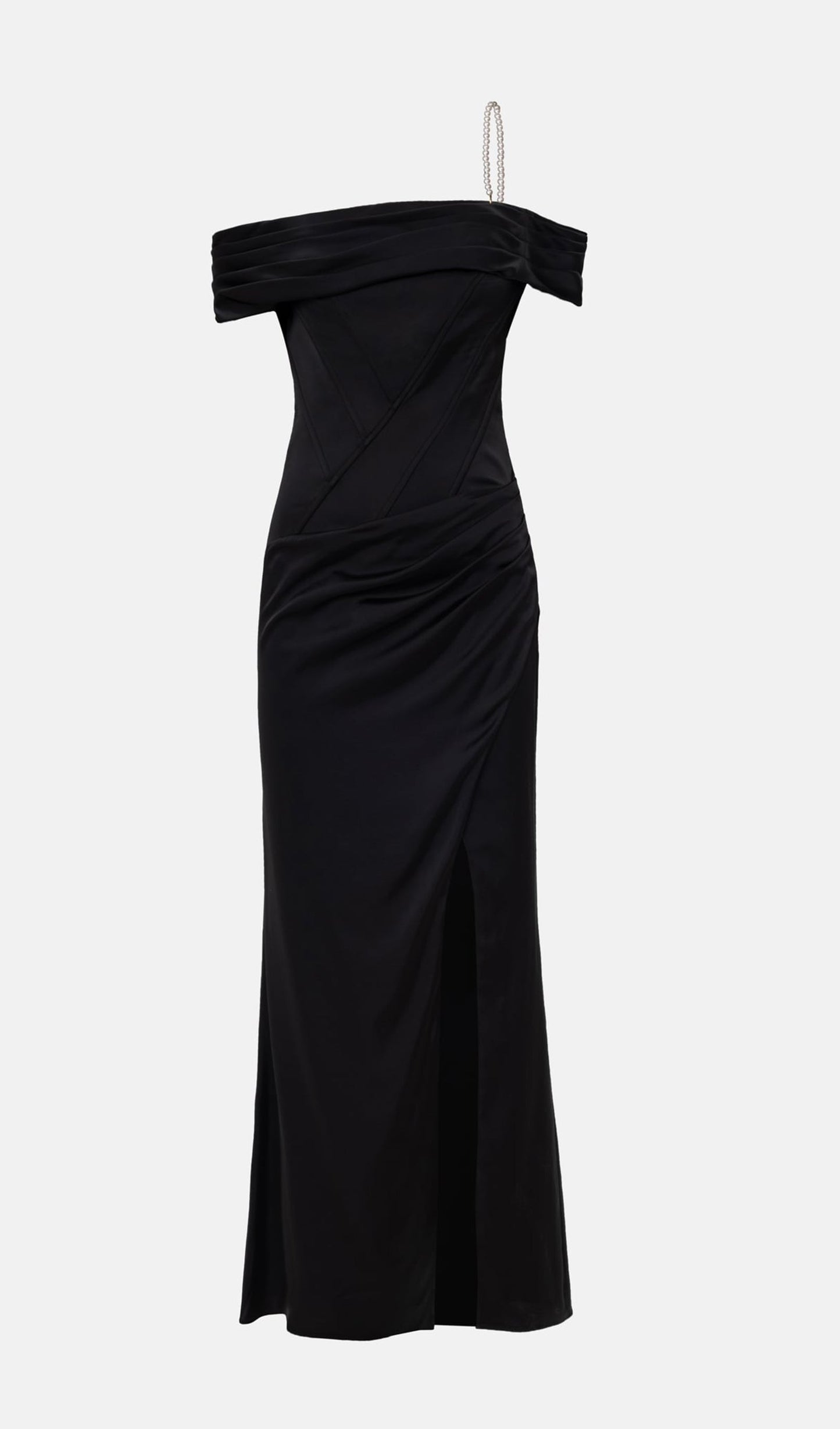 Satin Off Shoulder Diagonal Boning Maxi Dress