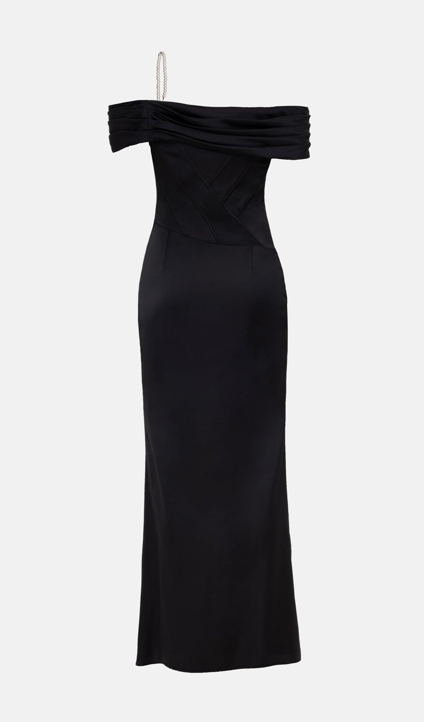 Satin Off Shoulder Diagonal Boning Maxi Dress
