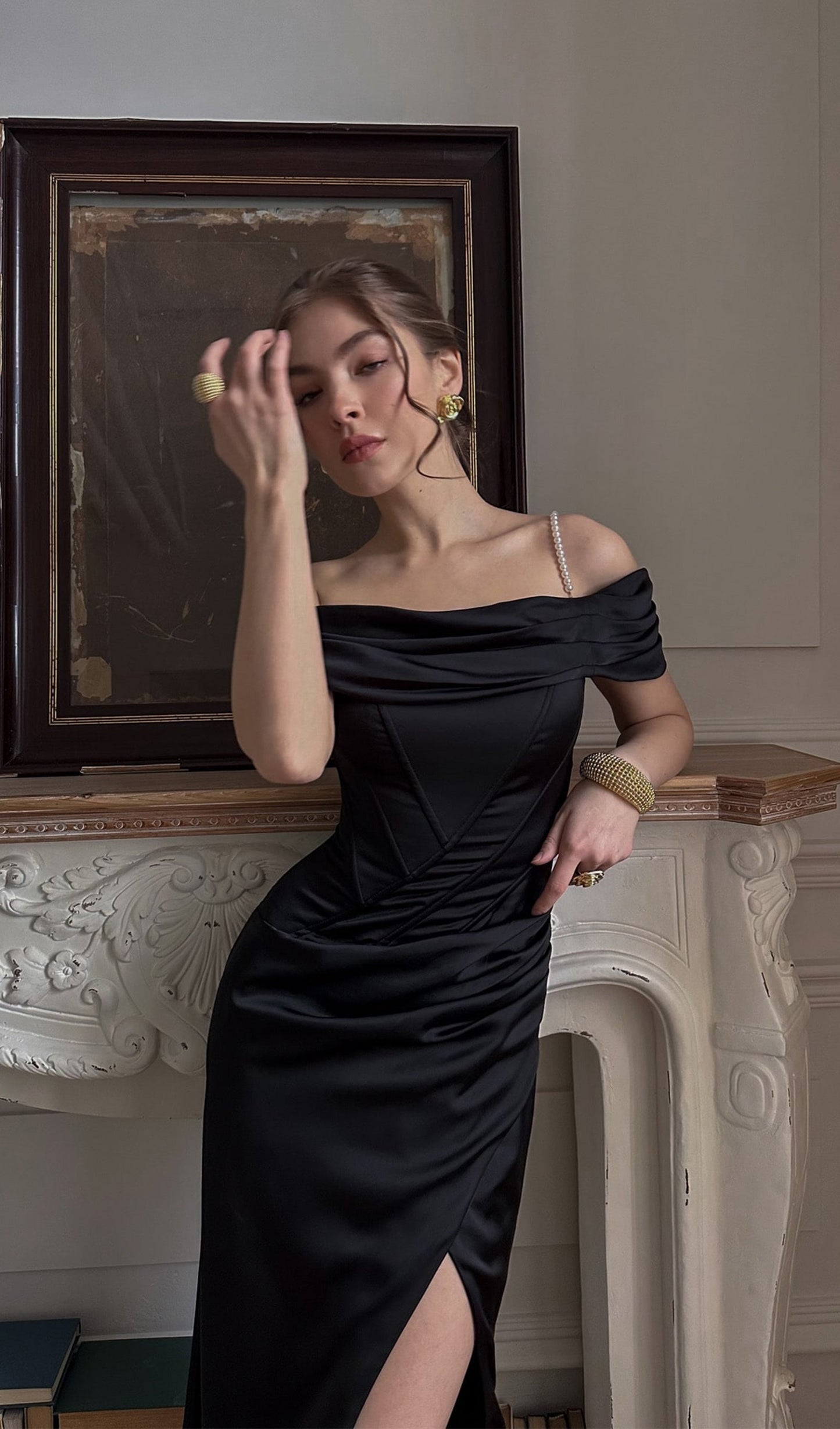 Satin Off Shoulder Diagonal Boning Maxi Dress