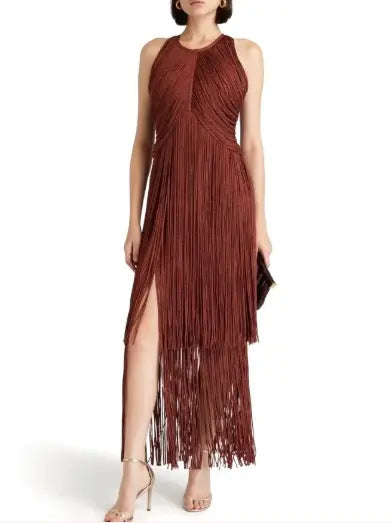 Crew-Neck Sleeveless Metallic Draped Fringe Dress