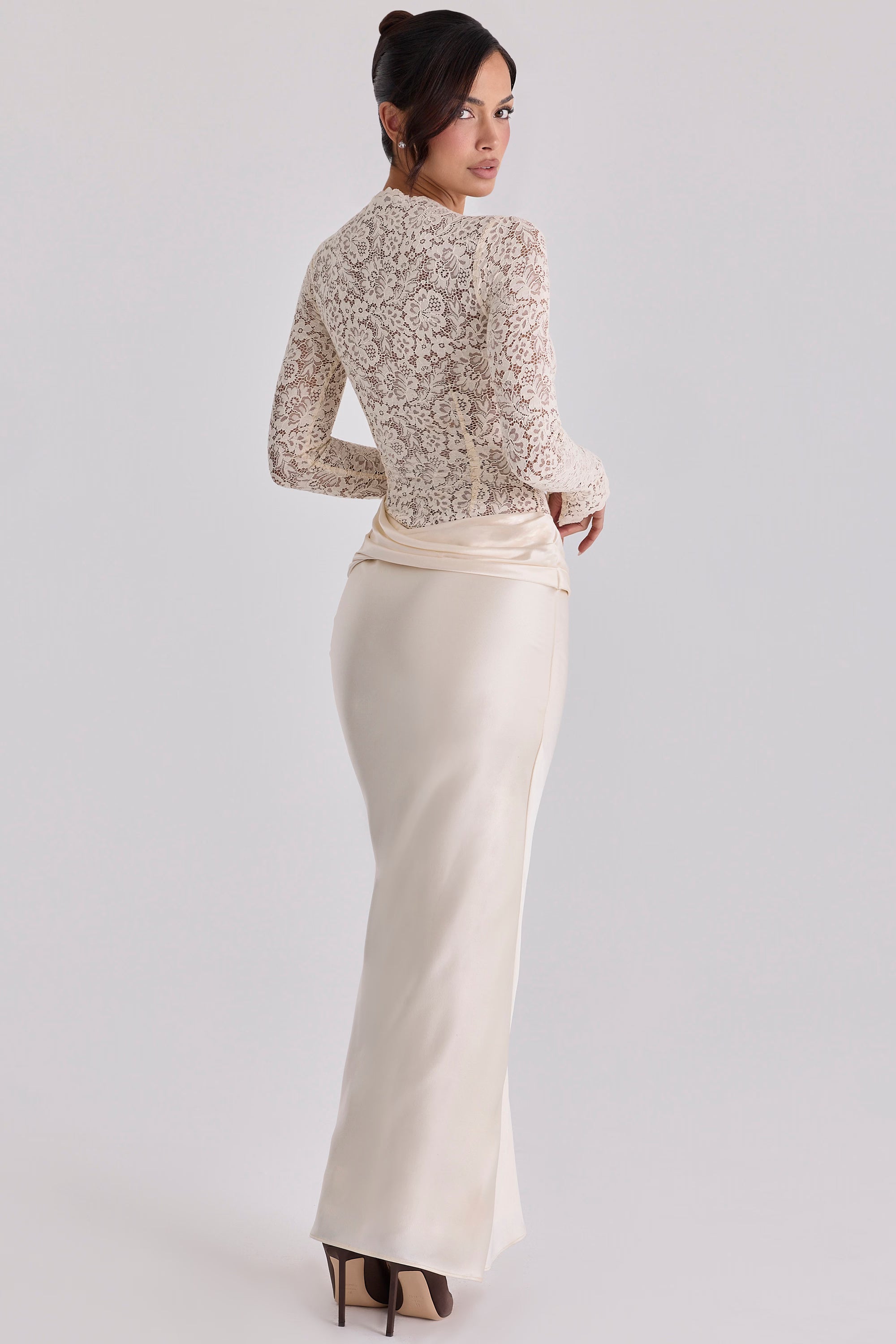 Boat-Neck Long-Sleeve Lace Bodysuit Top with Waist-Drape Satin Skirt Set