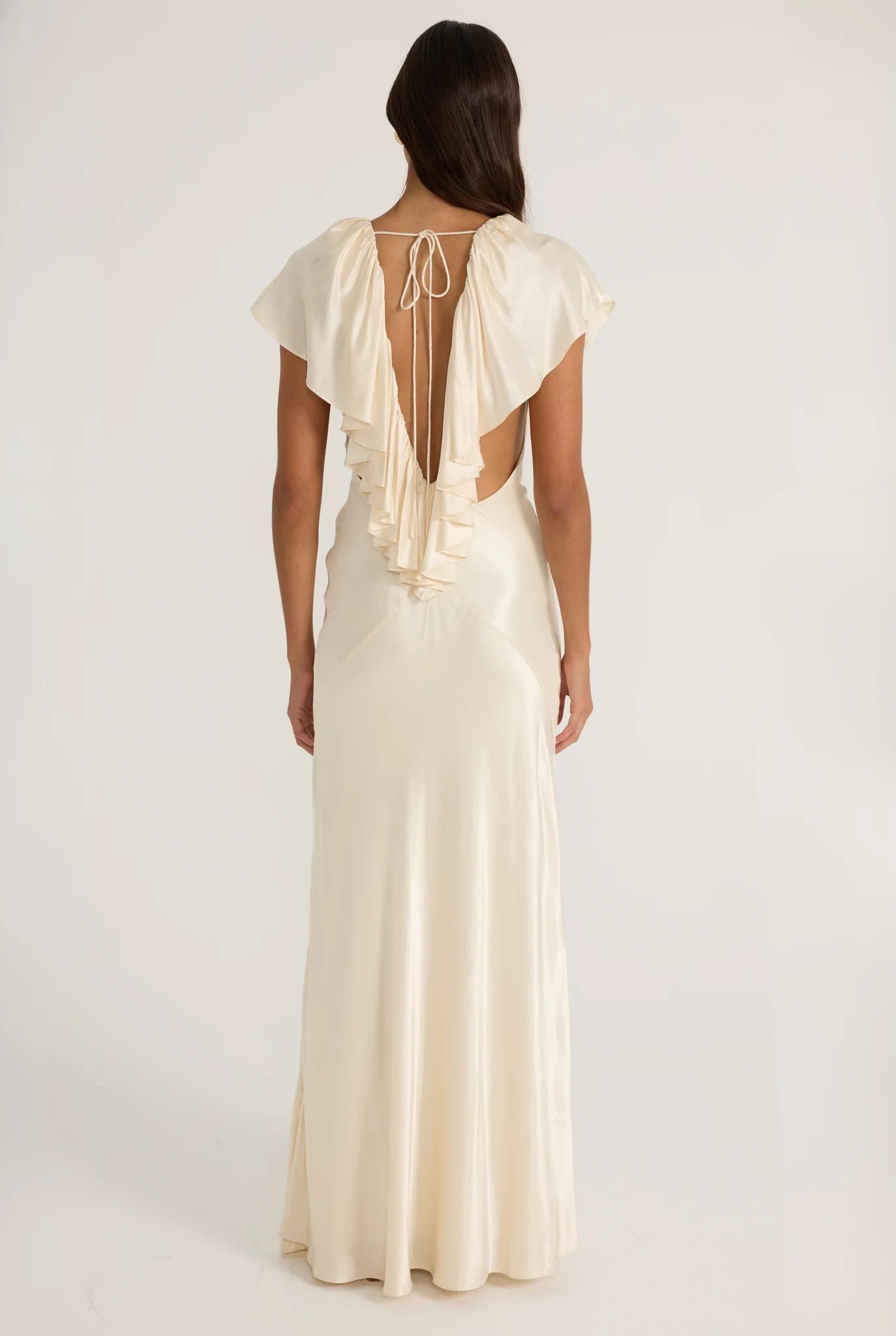Deep-V Sleeveless Ruffle-Front Satin Maxi Dress