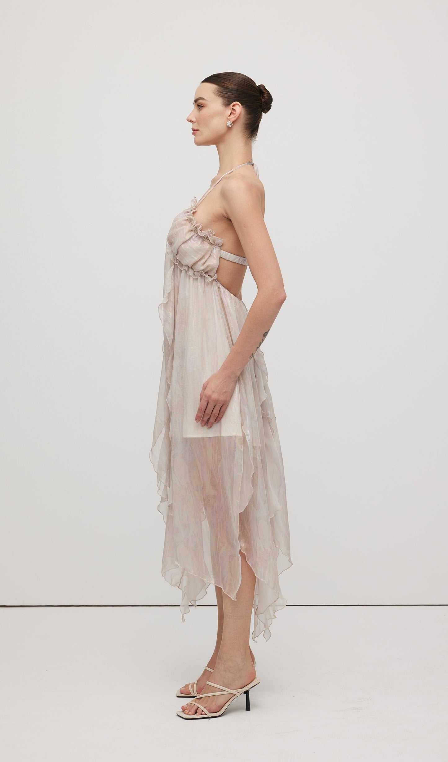 Halter Tulle Pleated Midi Dress