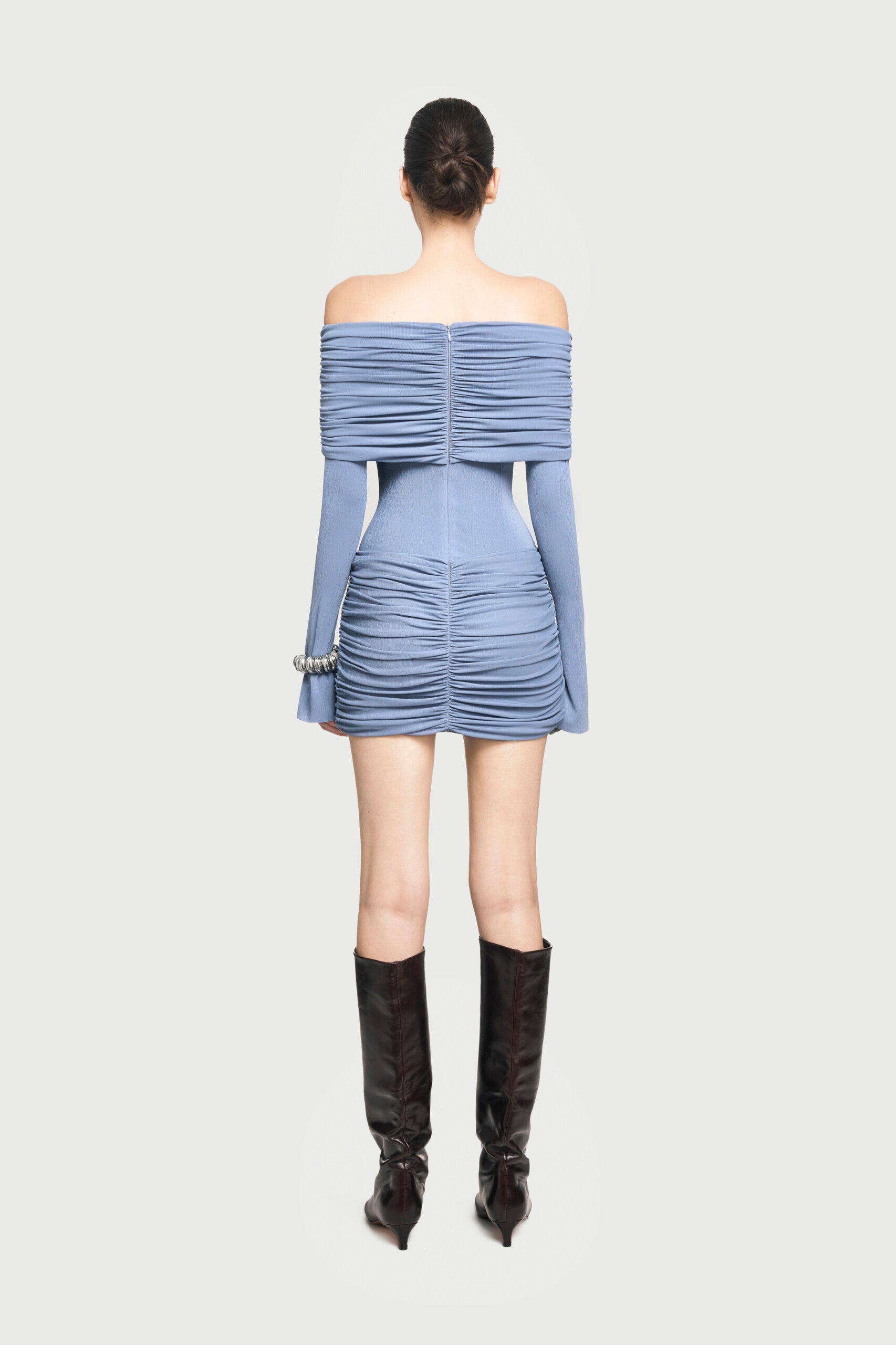 Off-Shoulder Long Sleeve Slight Flared Cuffs Ruched Bodycon Dress