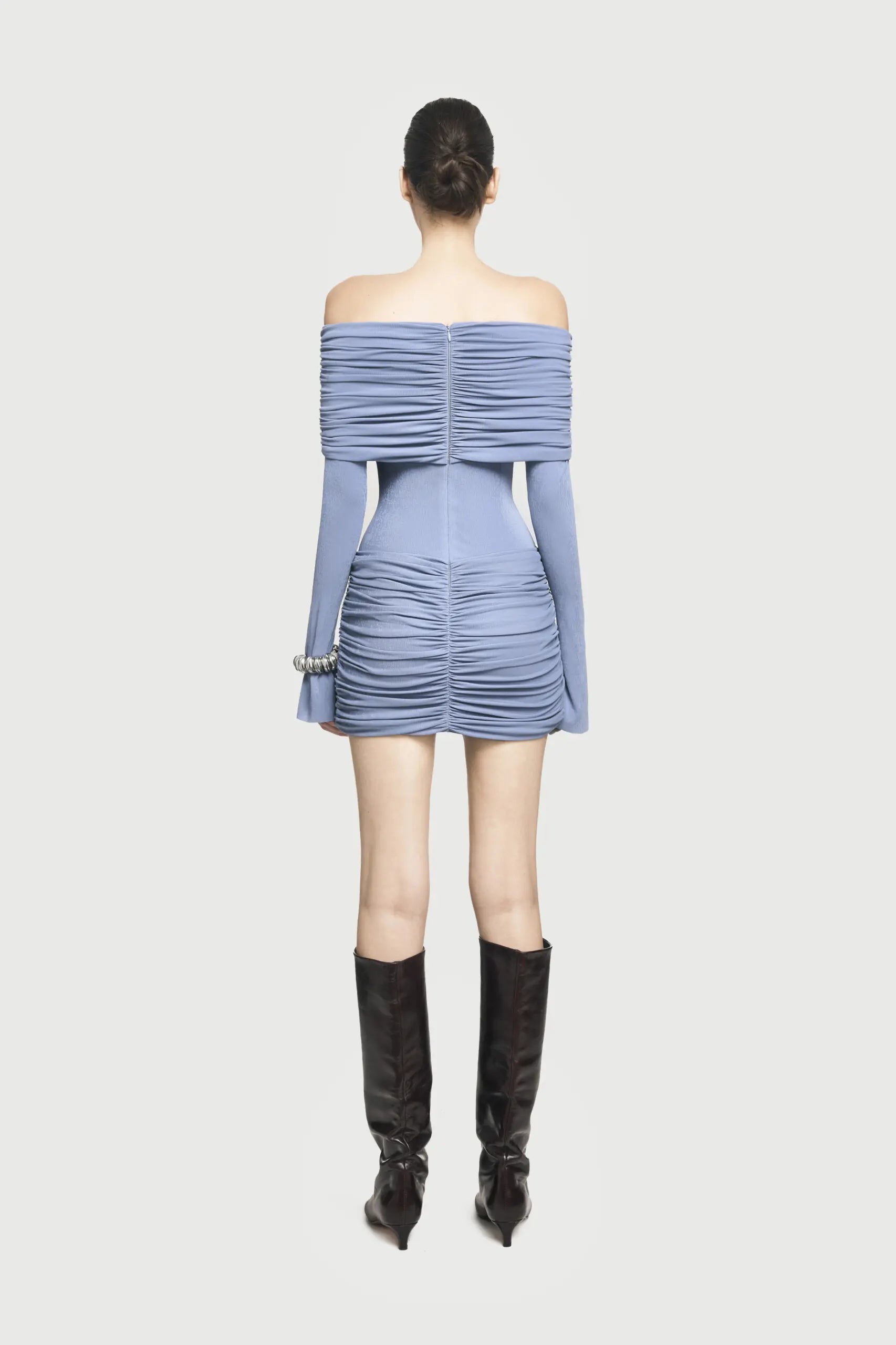 Off-Shoulder Ruched Knit Mini Dress