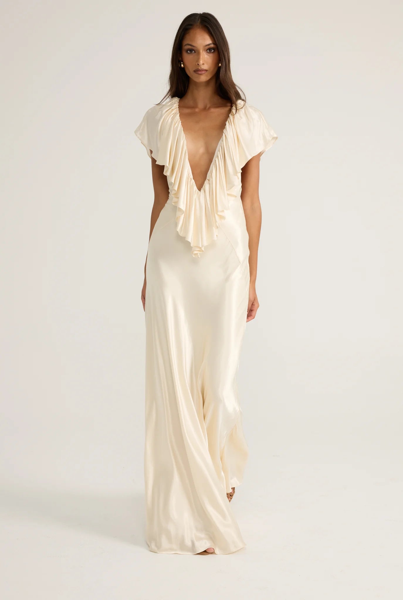 Deep-V Sleeveless Ruffle-Front Satin Maxi Dress