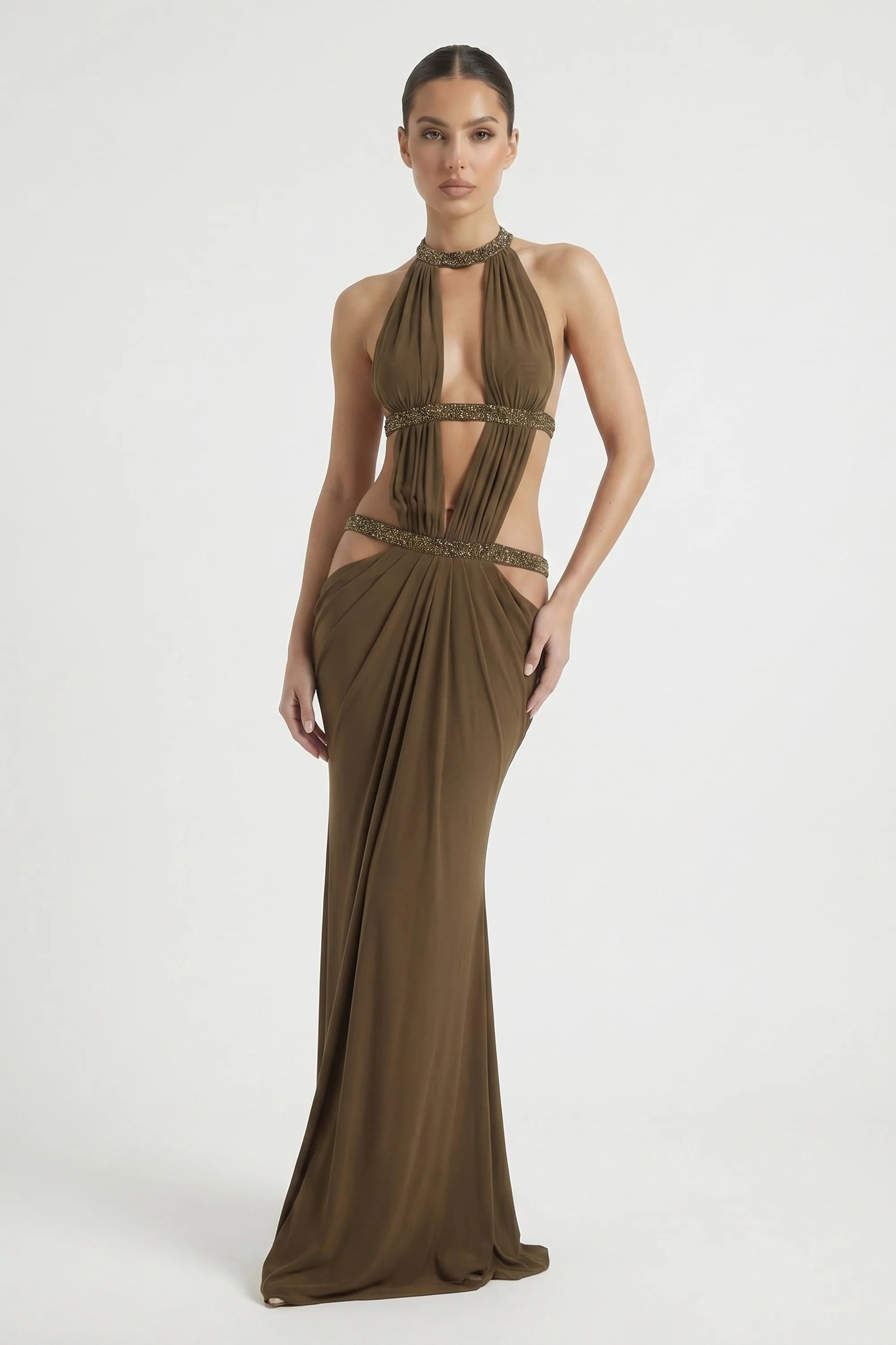 Crew-Neck Sleeveless Cutout Ruched Backless Dress