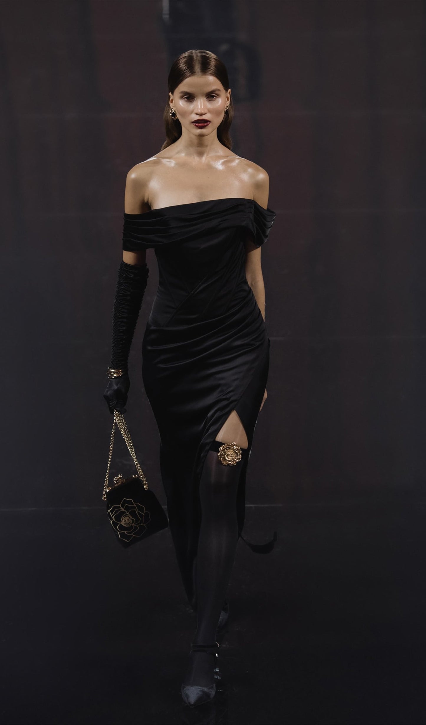 Satin Off Shoulder Diagonal Boning Maxi Dress