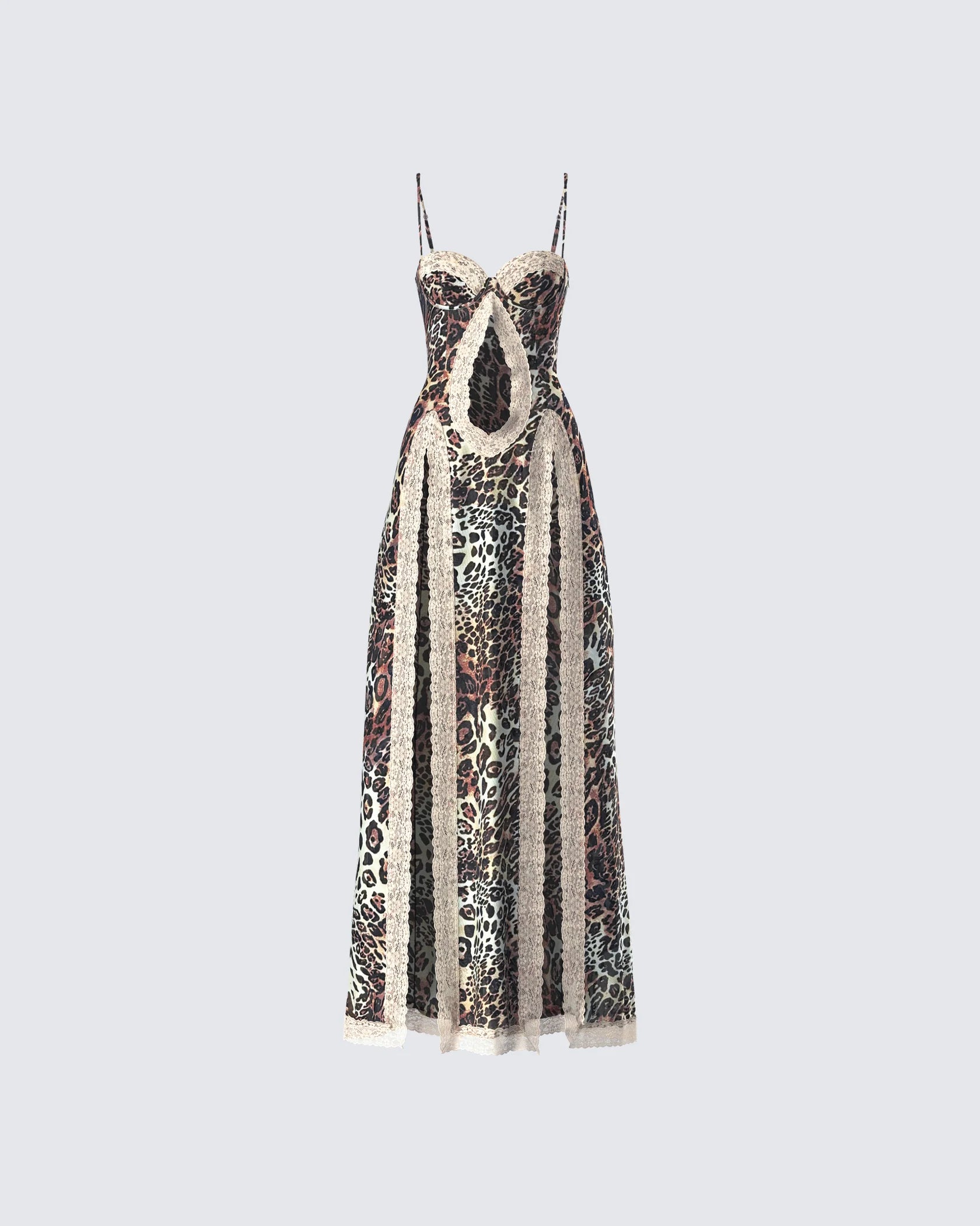 Spaghetti Strap Leopard Lace-Trim Front-Center Cutout High-Slit Dress