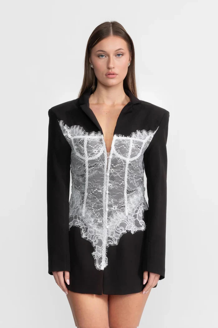 Lace-Splicing Blazer-Style Long-Sleeve Mini Dress