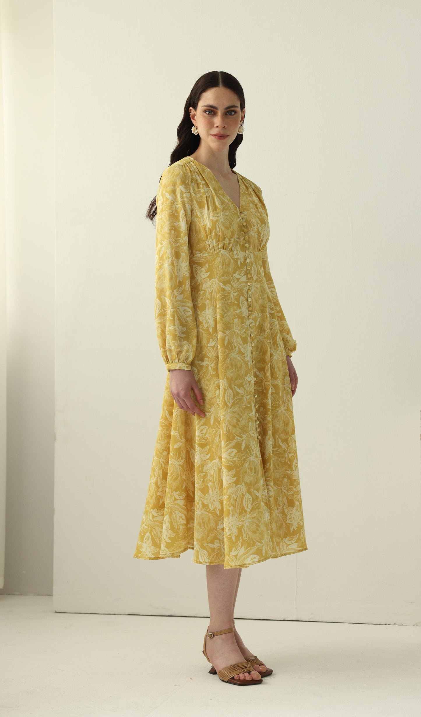 Yellow Floral Printed V Neck Midi Dress