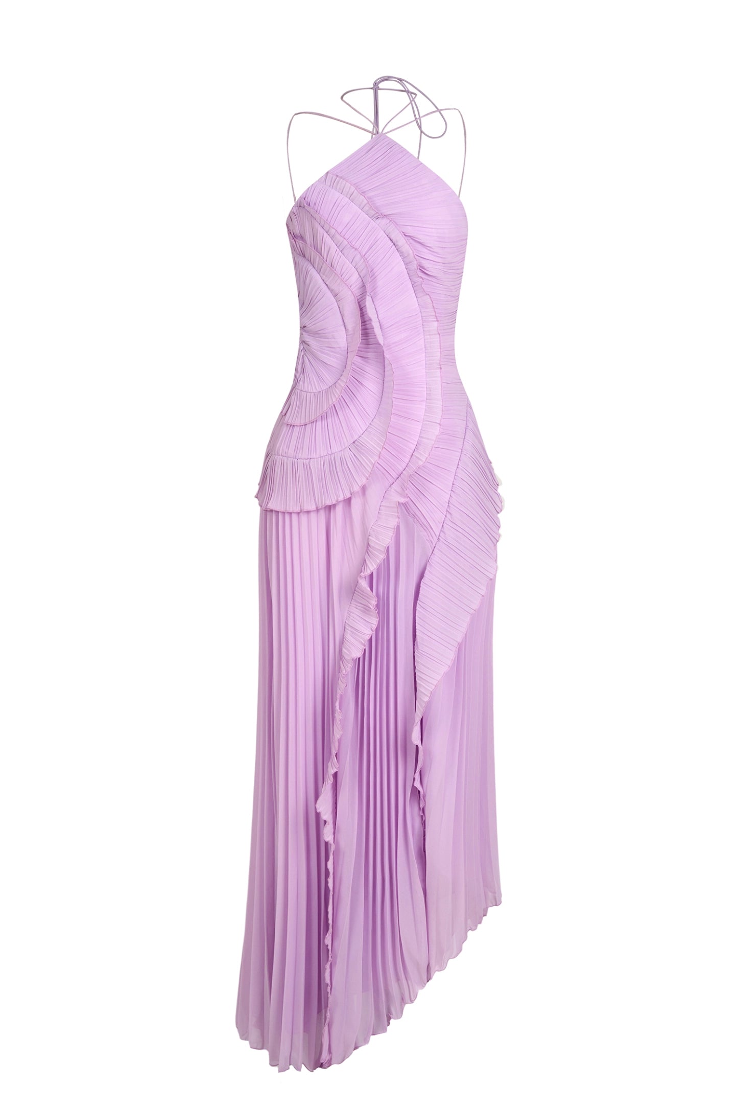 Double Tie Design Halter Spaghetti Strap Ruched Asymmetrical Hem Dress