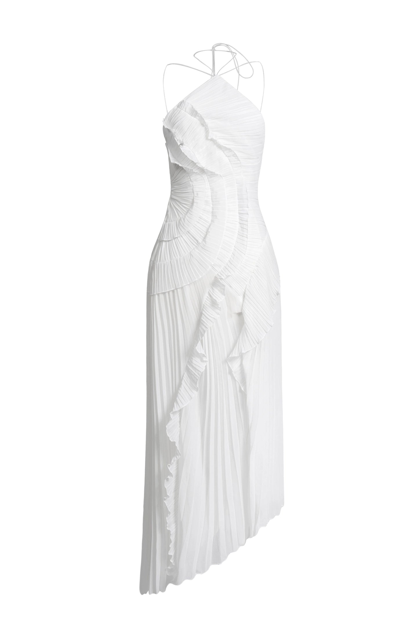 Double Tie Design Halter Spaghetti Strap Ruched Asymmetrical Hem Dress