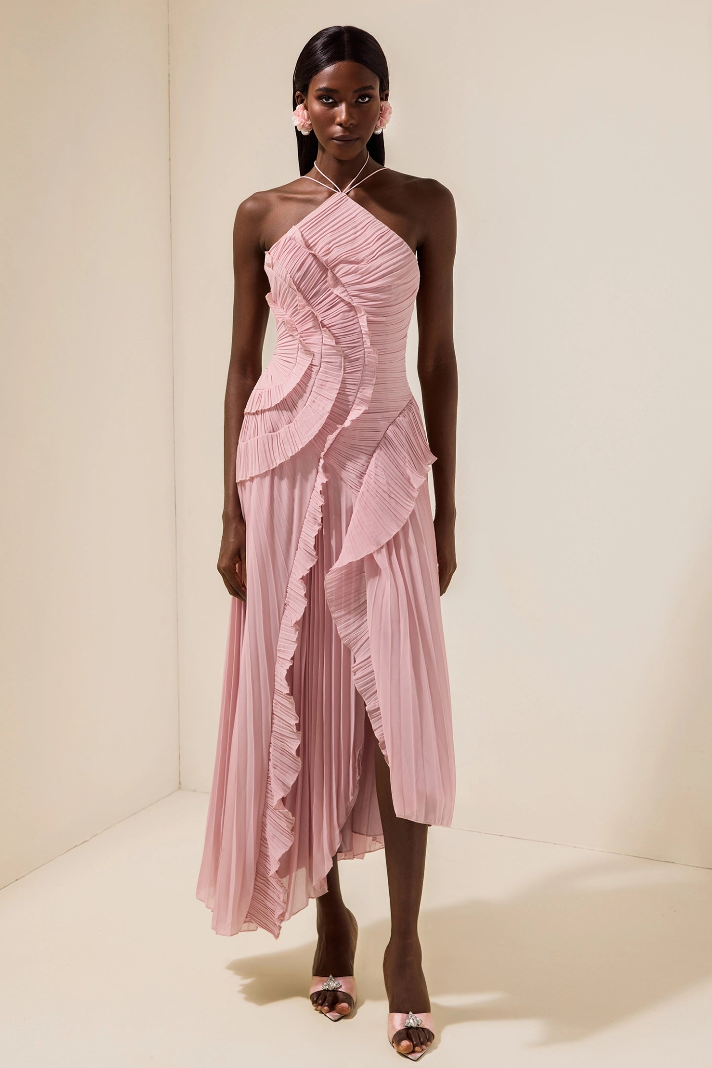 Double Tie Design Halter Spaghetti Strap Ruched Asymmetrical Hem Dress