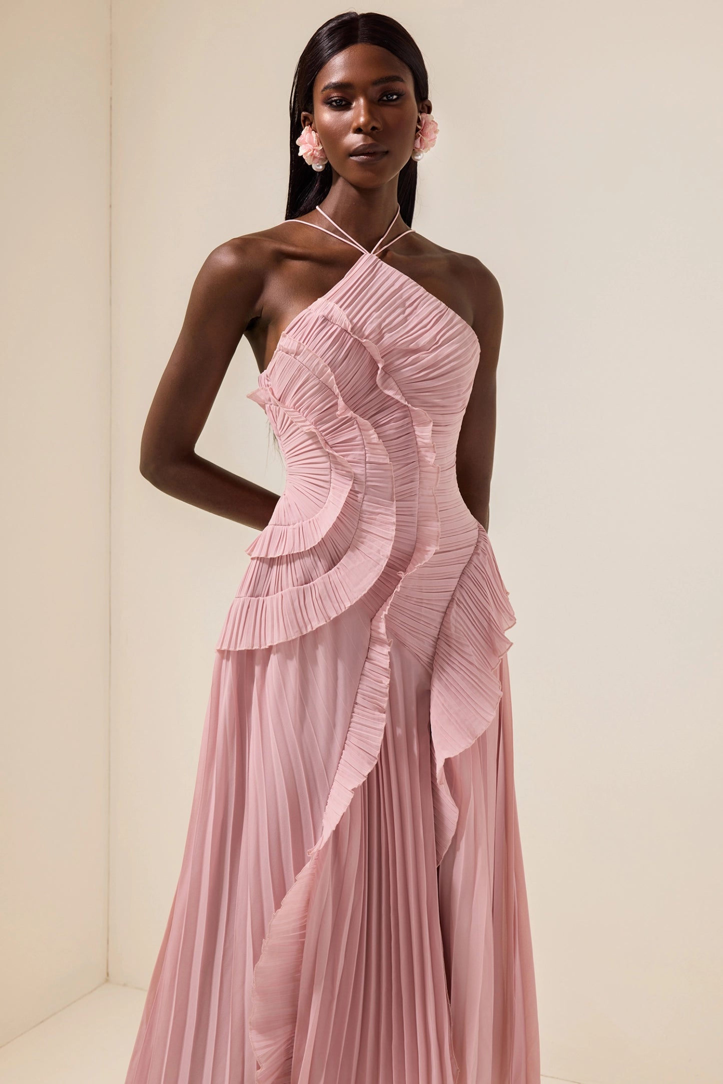Double Tie Design Halter Spaghetti Strap Ruched Asymmetrical Hem Dress
