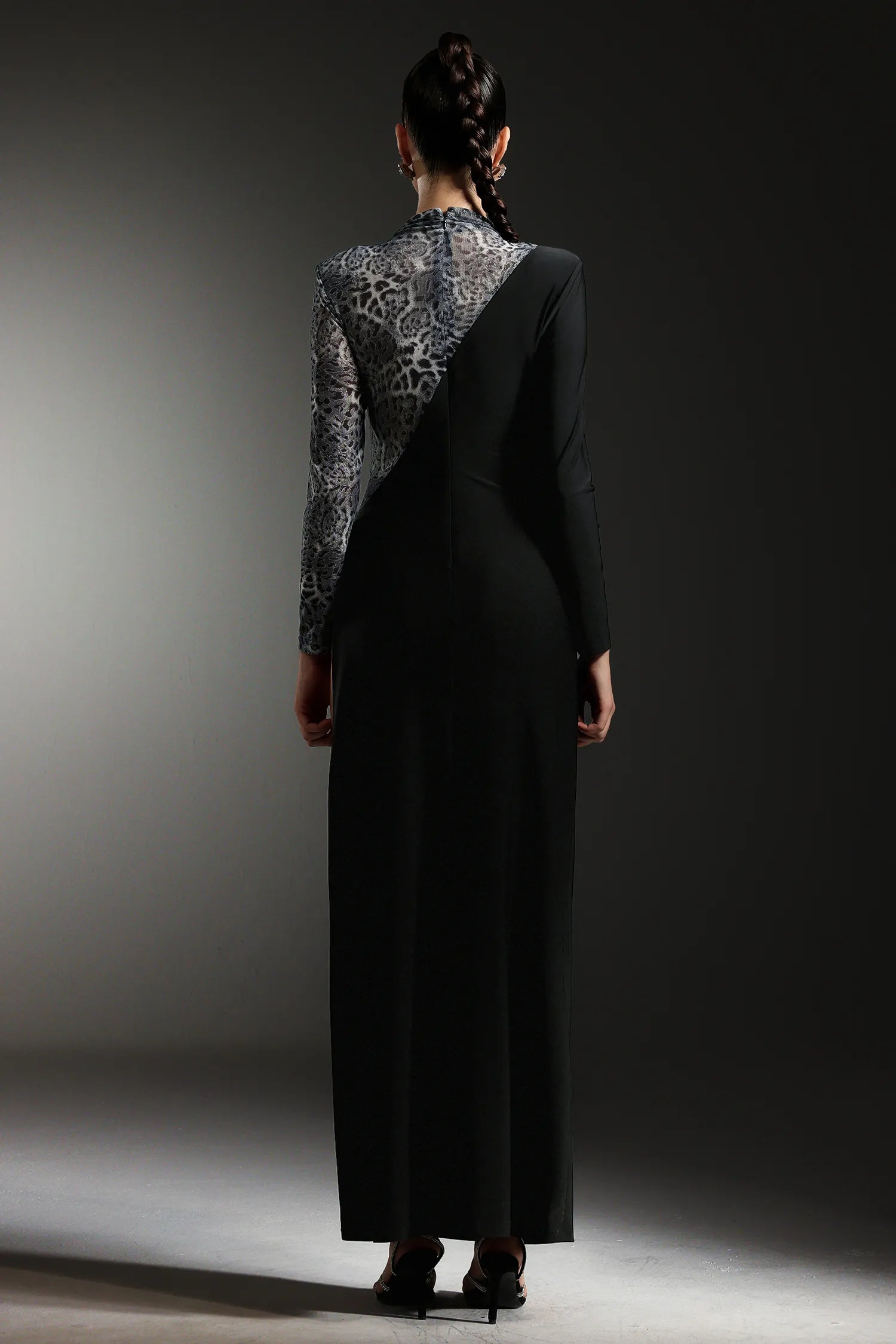 High-Neck Long-Sleeve Leopard Mesh Splicing Rhinestone Floral Appliqué Side Slit Dress