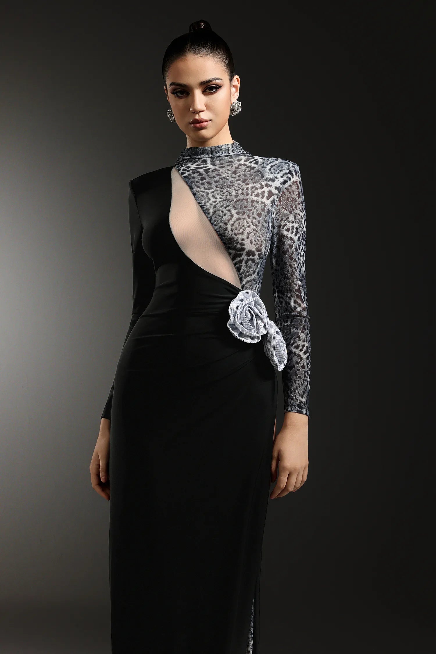 High-Neck Long-Sleeve Leopard Mesh Splicing Rhinestone Floral Appliqué Side Slit Dress