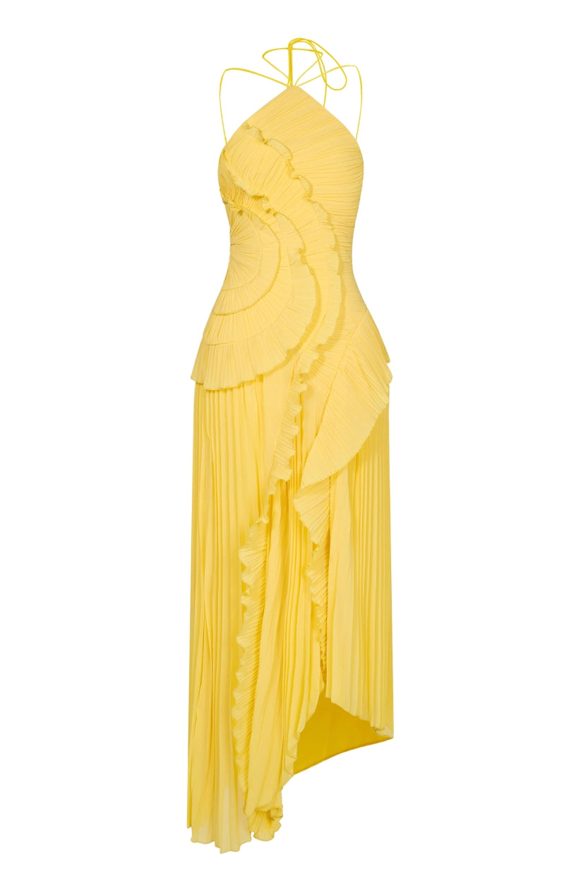 Double Tie Design Halter Spaghetti Strap Ruched Asymmetrical Hem Dress