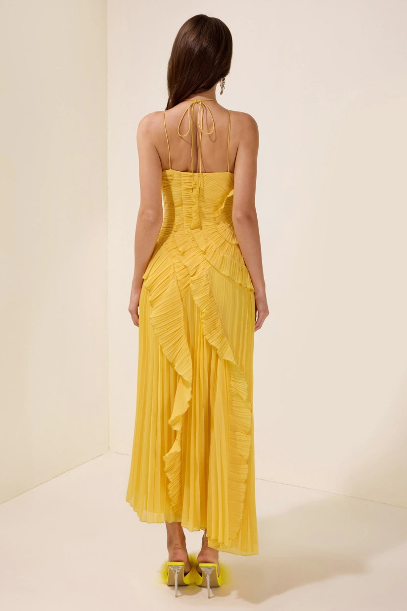 Double Tie Design Halter Spaghetti Strap Ruched Asymmetrical Hem Dress