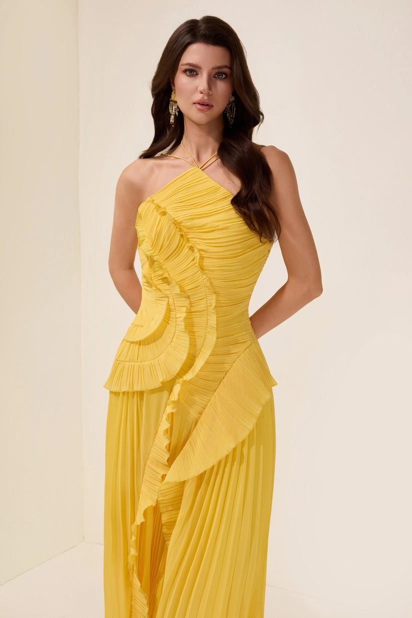 Double Tie Design Halter Spaghetti Strap Ruched Asymmetrical Hem Dress