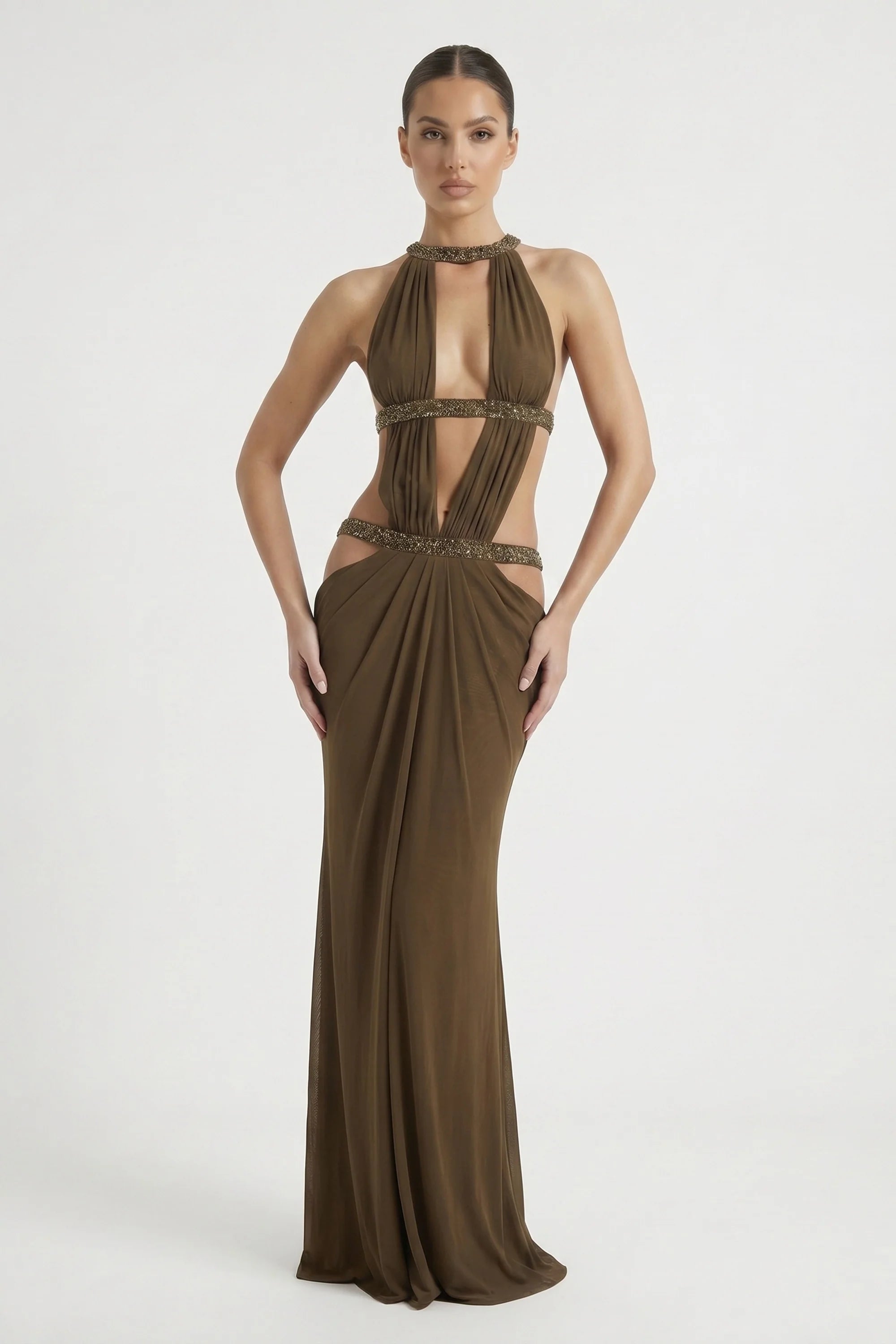 Crew-Neck Sleeveless Cutout Ruched Backless Dress