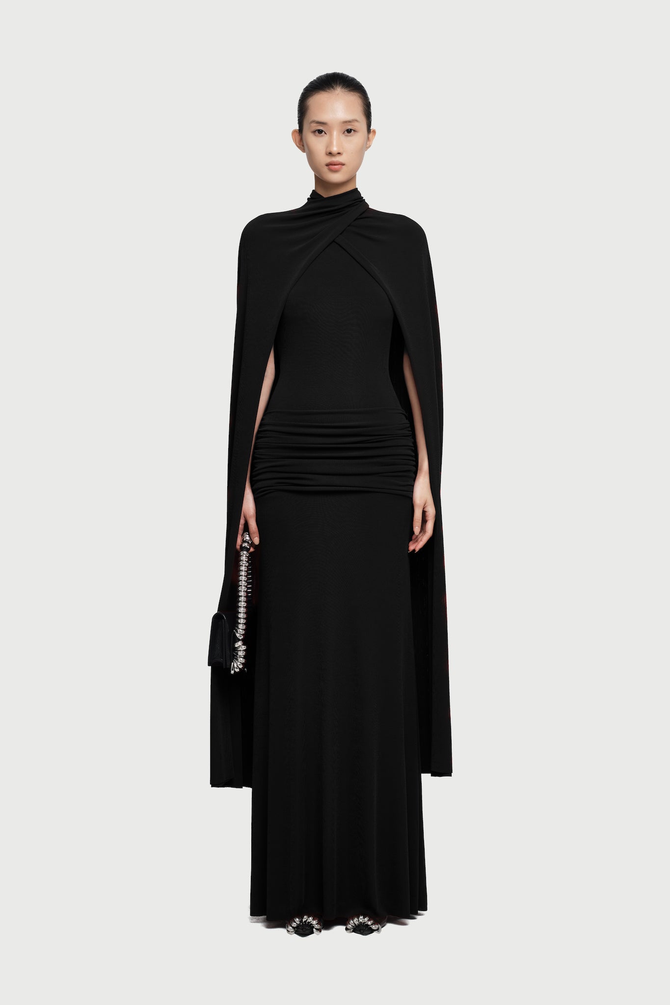 Cape-Drape High-Neck Sleeveless Ruched Knit Dress