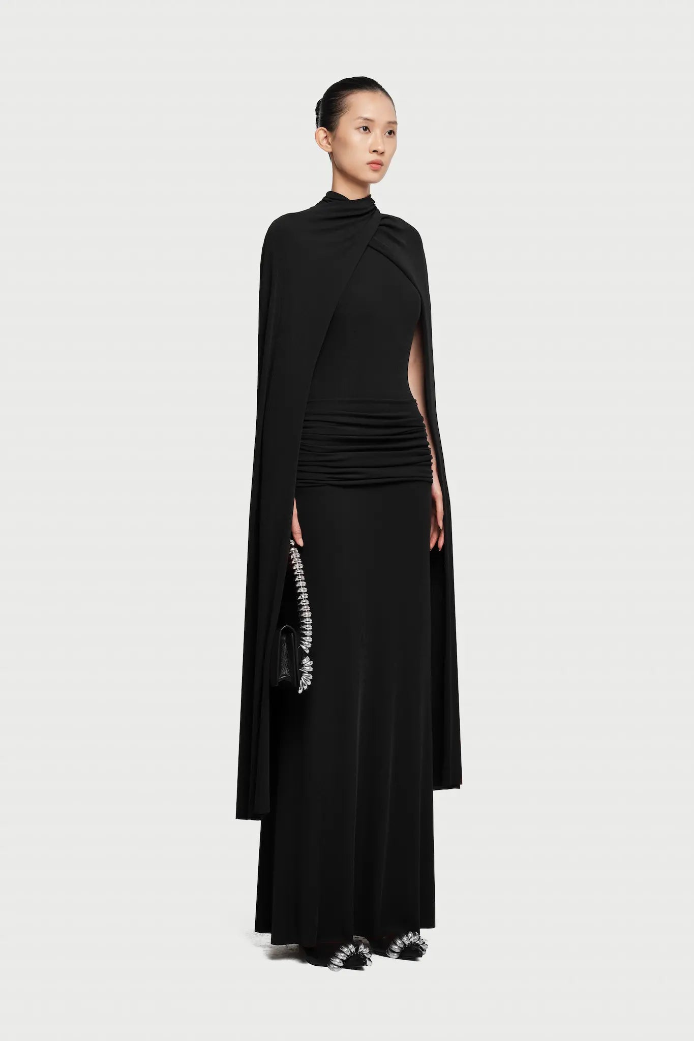 Cape-Sleeve Draped Waist Dress