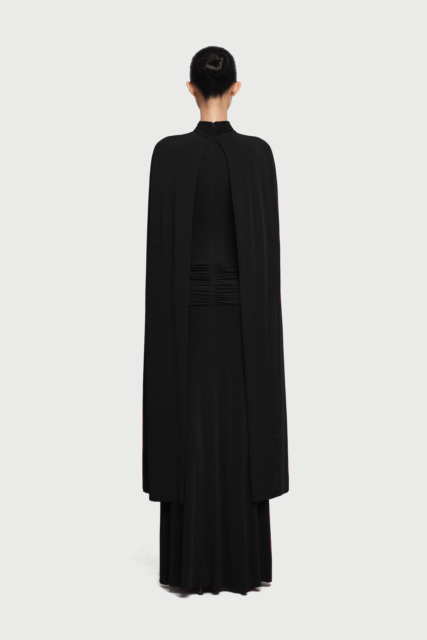 Cape-Drape High-Neck Sleeveless Ruched Knit Dress
