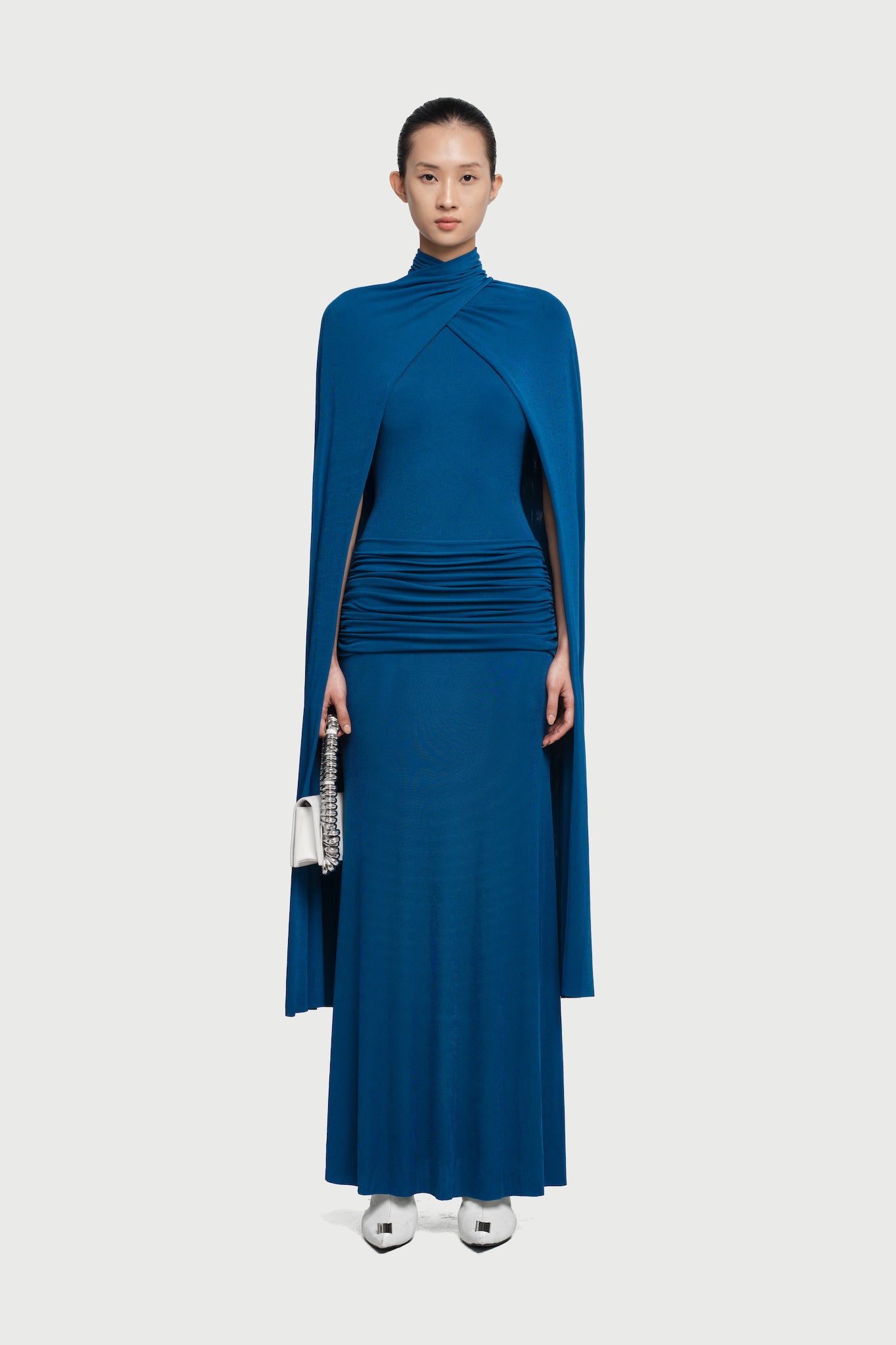 Cape-Drape High-Neck Sleeveless Ruched Knit Dress