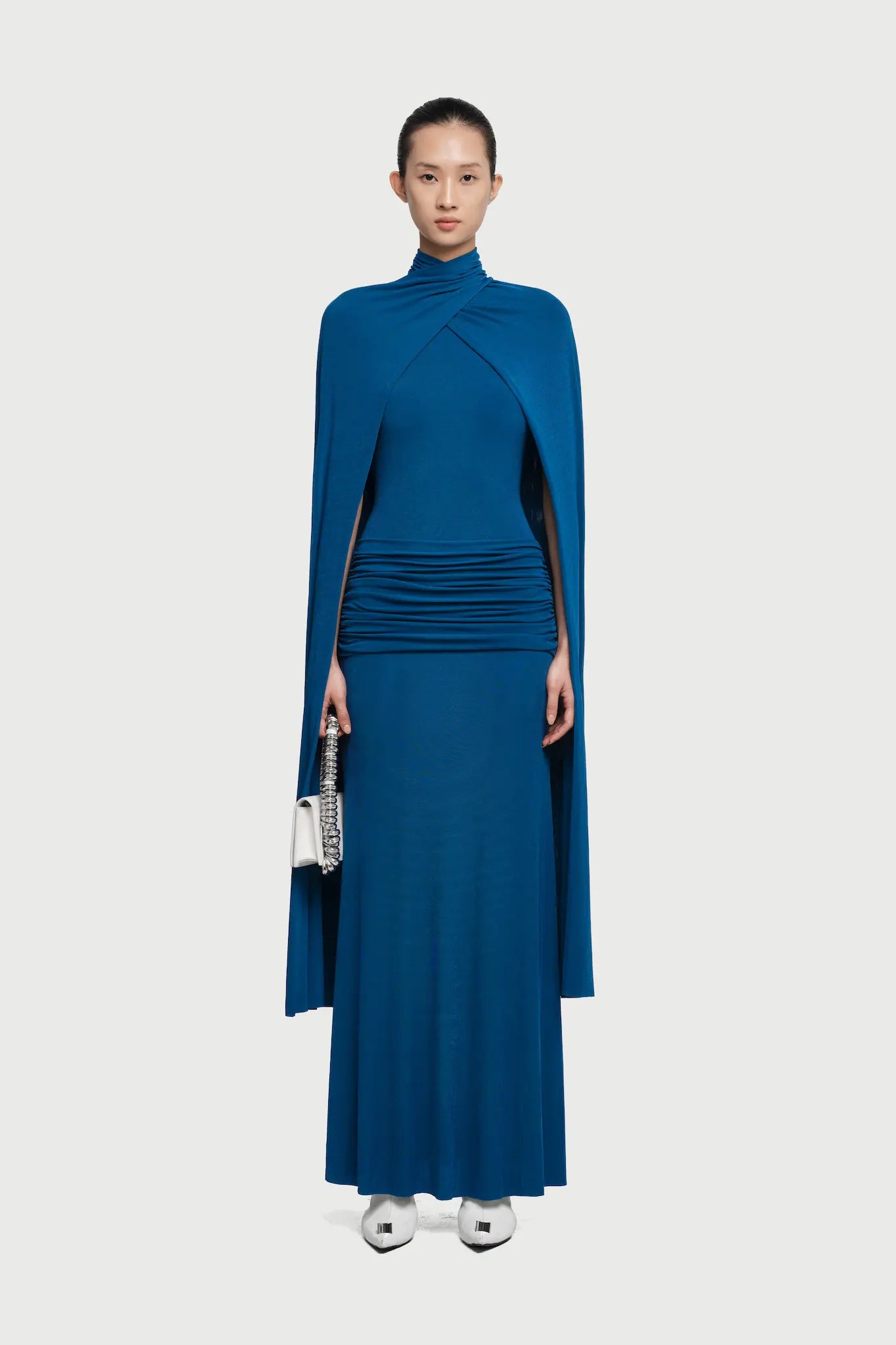 Cape-Sleeve Draped Waist Dress