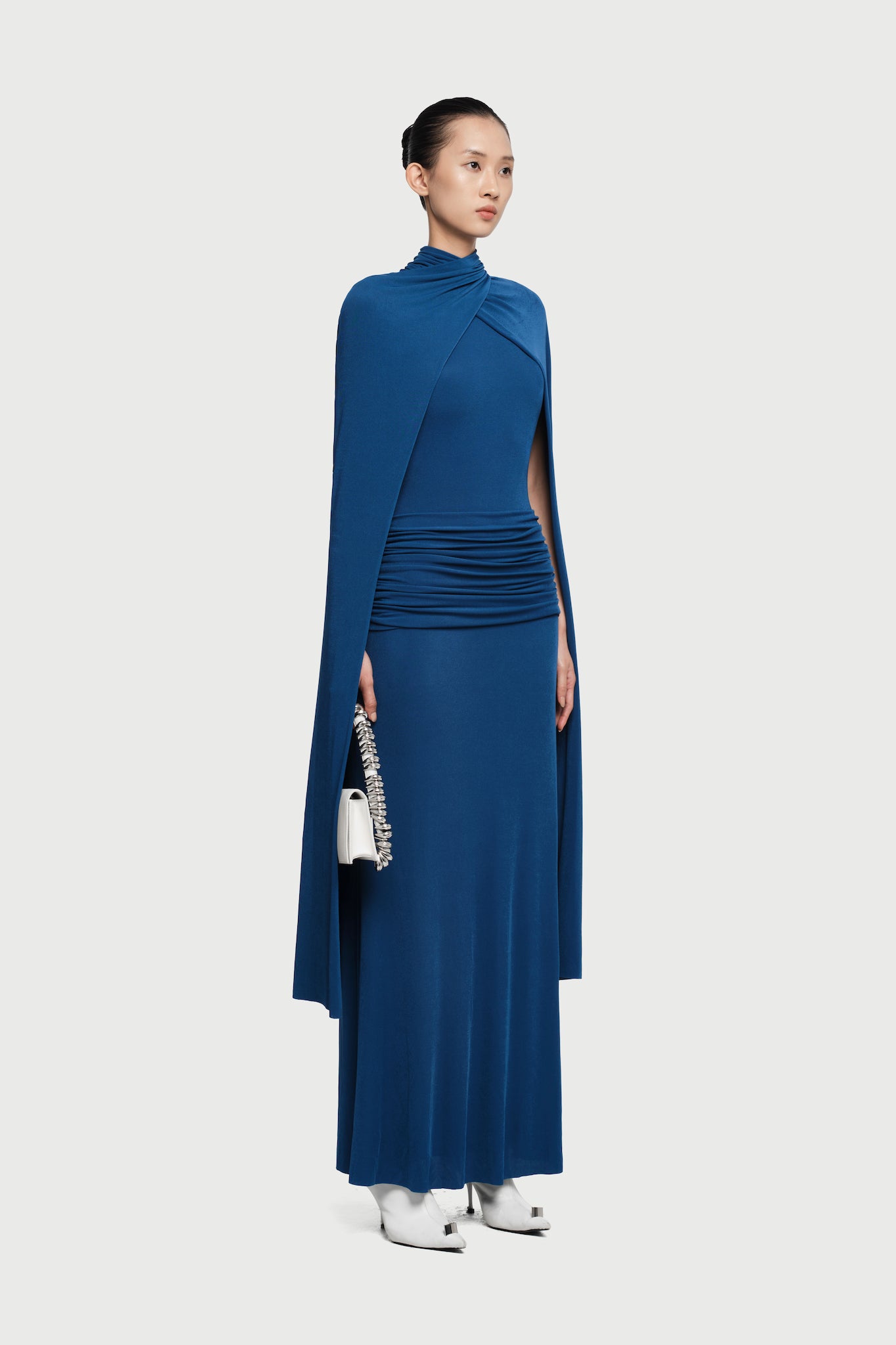 Cape-Drape High-Neck Sleeveless Ruched Knit Dress