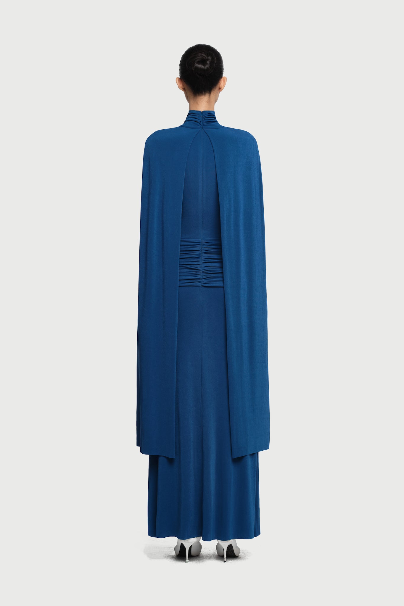 Cape-Drape High-Neck Sleeveless Ruched Knit Dress
