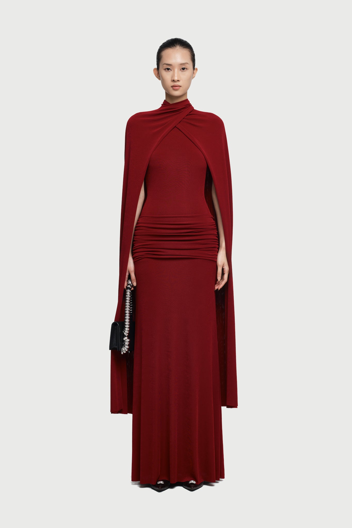 Cape-Drape High-Neck Sleeveless Ruched Knit Dress