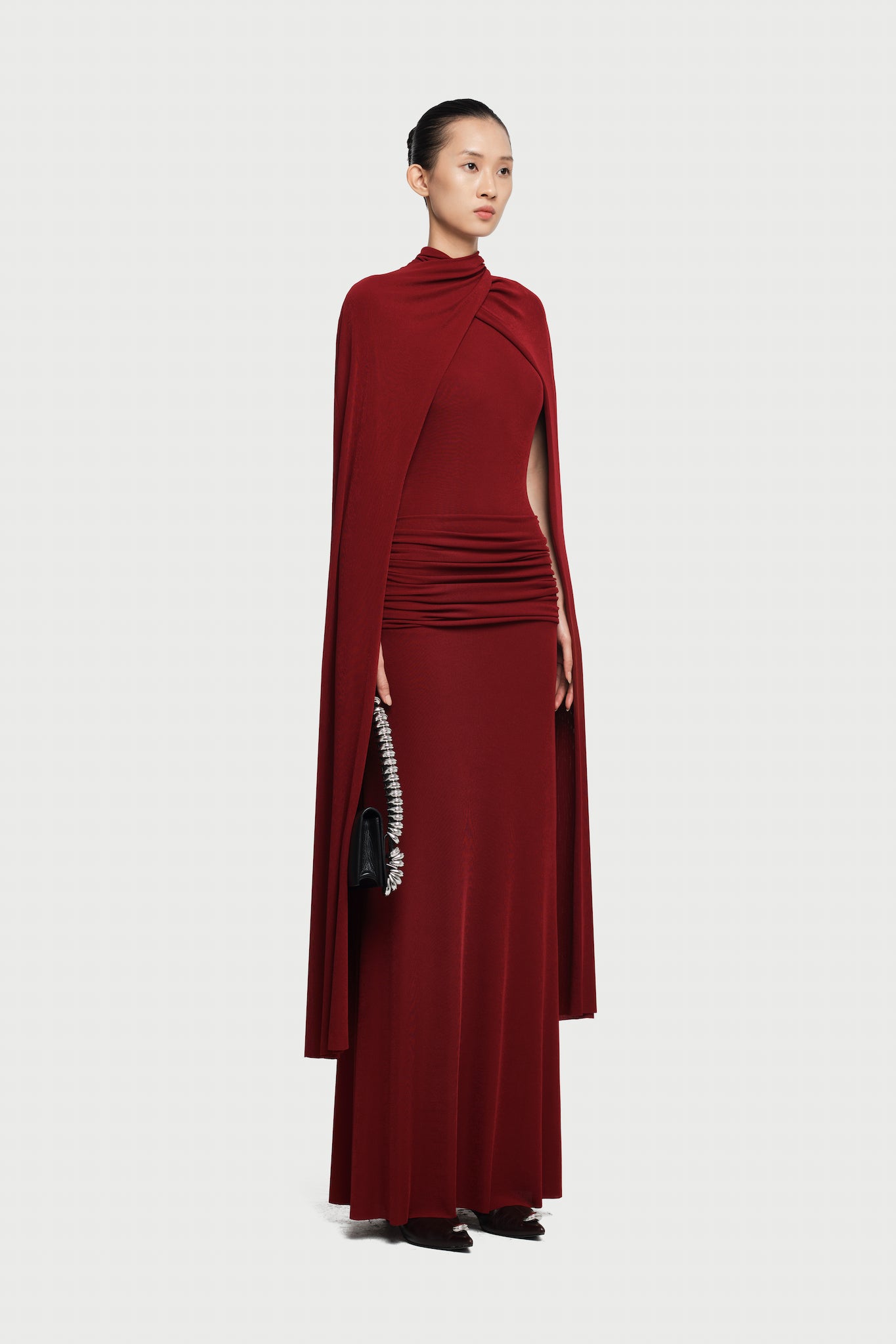 Cape-Drape High-Neck Sleeveless Ruched Knit Dress