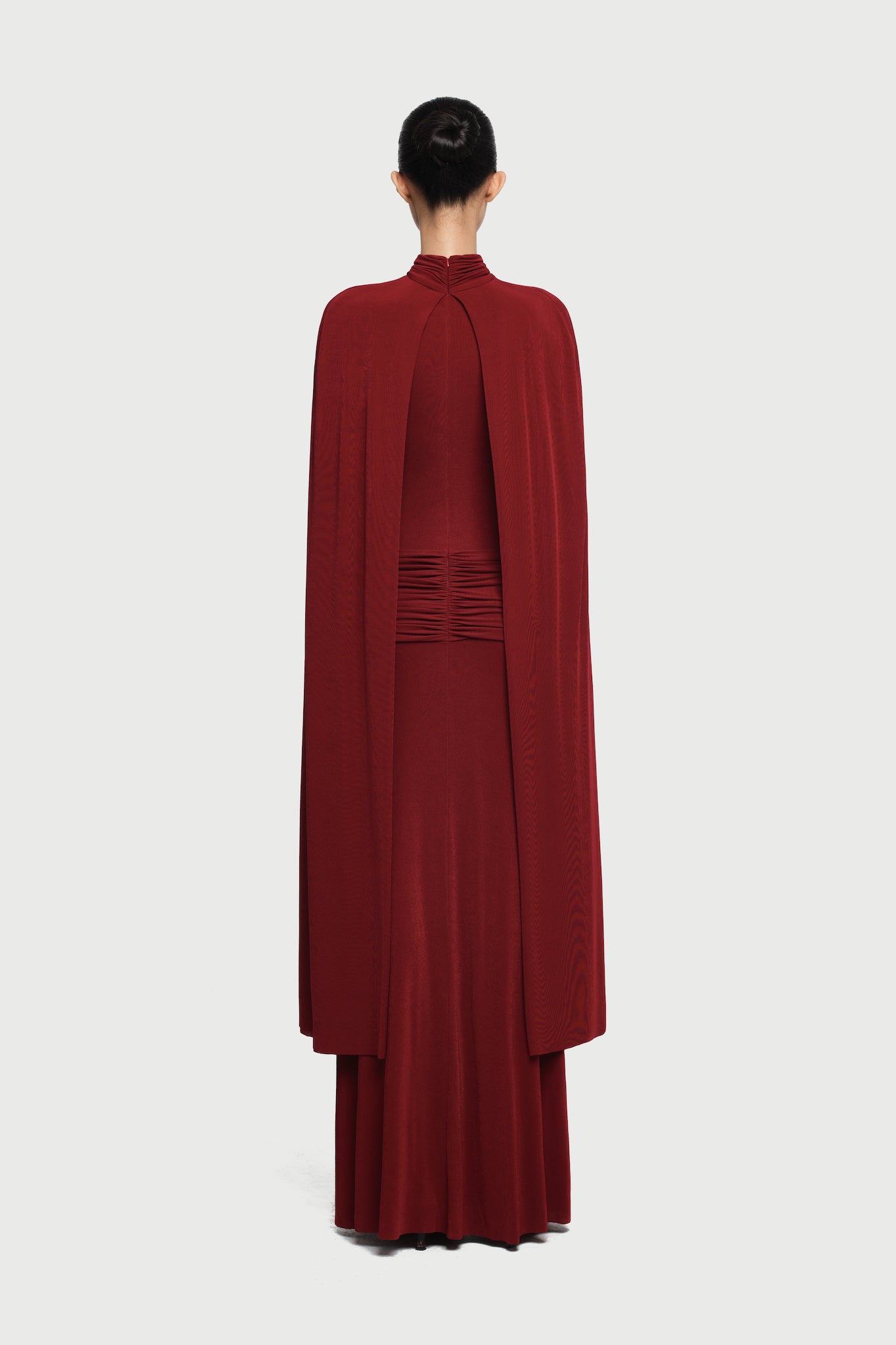 Cape-Drape High-Neck Sleeveless Ruched Knit Dress